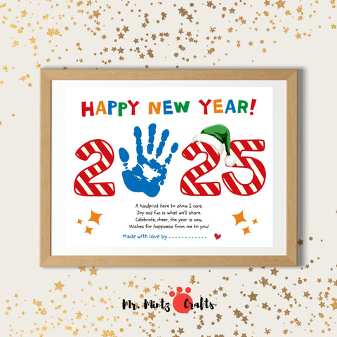 2025 New Year handprint craft featuring a colorful handprint, festive design, and personalization.