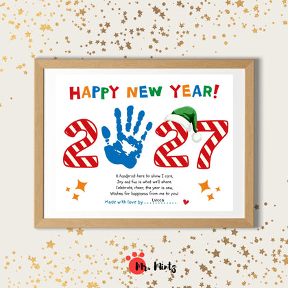 2027 New Year handprint craft featuring a colorful handprint, festive design, and personalization.