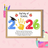 Last Day of School 2026 printable keepsake with colorful numbers, a graduation cap, and space for a child’s handprint. Includes an end-of-year poem for preschool or kindergarten memory craft.