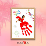 Plantilla imprimible española con diseño de huella roja transformada en una bailarina flamenca con abanico, decorada con guirnaldas y fuegos artificiales.