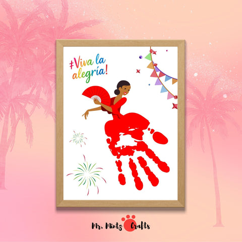 Plantilla imprimible española con diseño de huella roja transformada en una bailarina flamenca con abanico, decorada con guirnaldas y fuegos artificiales.