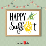 Printable Sukkot handprint craft with Four Species: lulav (palm), etrog (citron), hadas (myrtle), and aravah (willow). Includes “Happy Sukkot” design. Great for sukkah decoration, home display, or classroom Jewish holiday activity.