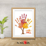 Colorful autumn handprint tree craft with vibrant red, orange, and yellow handprint leaves, perfect for children’s fall activities.