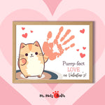 A cute Valentine’s Day cat handprint craft featuring a cartoon cat holding a heart, designed as a fun activity for kids in preschool and kindergarten.