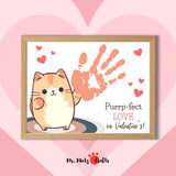 A cute Valentine’s Day cat handprint craft featuring a cartoon cat holding a heart, designed as a fun activity for kids in preschool and kindergarten.