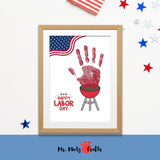 Patriotic Labor Day handprint craft featuring a BBQ grill design with a red handprint and American flag. Perfect for kids’ holiday art projects.