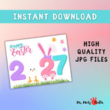 Colorful Easter 2027 printable craft for kids with numbers, a bunny-shaped 2 with ears and paws, and a yellow baby chick made from a child’s handprint forming the zero. Designed for preschool, kindergarten, and homeschool Easter activities. Perfect for classroom art walls or holiday keepsakes.