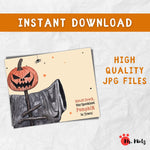 Spooky Halloween pumpkin handprint craft for kids featuring a jack-o’-lantern scarecrow and a black handprint, perfect for DIY decoration.