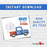 Veterans Day handprint craft kit for kindergarten and preschool kids featuring a patriotic red handprint and truck design.