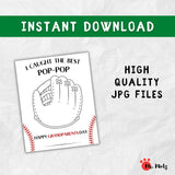 Printable Grandparents Day baseball handprint craft for preschool and kindergarten featuring a large baseball glove where children ages 3–7 can add a painted handprint, along with “I Caught the Best Pop-Pop” wording and a name line, creating an easy teacher-guided classroom keepsake students can make and take home for Pop-Pop.