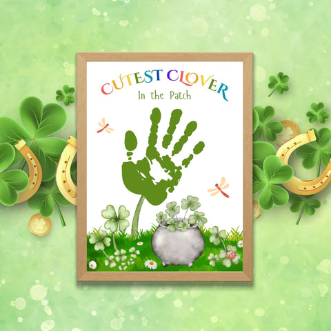 Printable St. Patrick’s Day handprint craft for kids featuring a cute green clover, a pot of gold, and festive decorations. A fun keepsake for preschoolers.