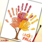 Colorful autumn handprint tree craft with vibrant red, orange, and yellow handprint leaves, perfect for children’s fall activities.