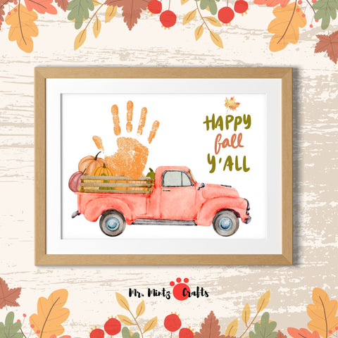 Children’s Fall Handprint Pumpkin Truck Craft with ‘Happy Fall Y’all’ and a vintage red truck filled with pumpkins.