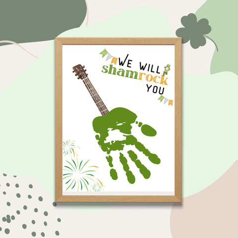 Printable St. Patrick’s Day handprint craft with a green guitar design and shamrocks. Fun kids’ art activity for preschoolers and classrooms.