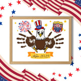 Memorial Day printable craft featuring a cartoon eagle wearing a patriotic hat with handprint wings and a customizable name banner.