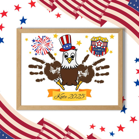 Memorial Day printable craft featuring a cartoon eagle wearing a patriotic hat with handprint wings and a customizable name banner.