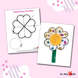 Foldable Heart Flower craft template showing step-by-step instructions and completed flower, perfect for Valentine’s Day activities for kids.