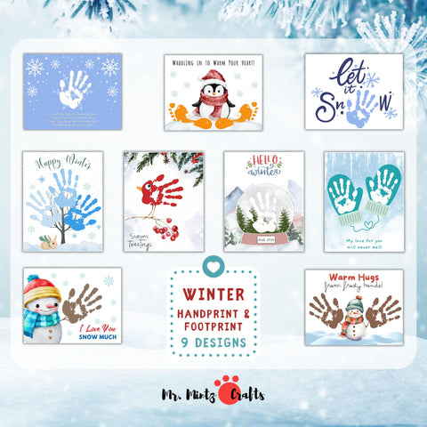 Winter handprint and footprint craft bundle featuring 9 designs, including snowmen, penguins, mittens, and festive winter trees, ideal for kids’ holiday art projects.