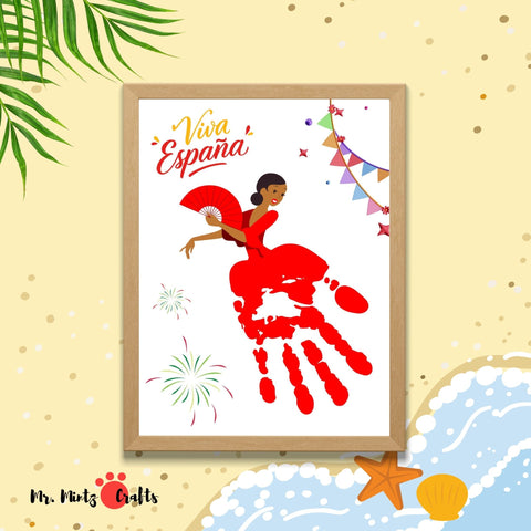 Manualidad infantil con huella de mano para celebrar la Fiesta Nacional de España, con diseño de bailaora flamenca en rojo, abanico y banderines típicos españoles.