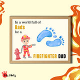 Father’s Day footprint craft featuring a cute firefighter boy illustration with the quote “In a world full of dads, be a firefighter dad” and space to stamp a child’s footprint as part of the design. Great keepsake for toddlers and preschoolers.
