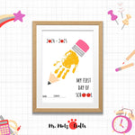 My First Day of School handprint craft featuring a handprint transformed into a pencil with space for the child’s name and school year, perfect for back-to-school activities.