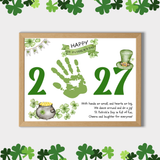 St. Patrick’s Day handprint craft featuring green 2027 numbers, a cute leprechaun hat, shamrocks, a pot of gold, and a sweet holiday poem for kids.