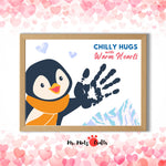 A Valentine’s Day handprint craft featuring a cheerful penguin wearing an orange scarf, with a child’s black handprint on the design. Perfect for preschool and kindergarten children, this craft template encourages creativity and makes a heartfelt keepsake for loved ones.