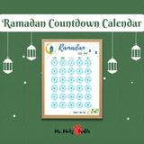 Printable Ramadan countdown calendar with beautiful Islamic design, perfect for kids and families. Includes stars to cut and stick daily, creating a meaningful Ramadan tradition.