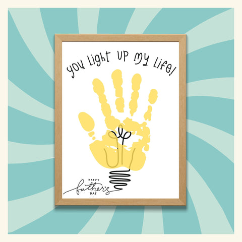 Printable Father’s Day craft for electrician dads featuring a yellow handprint shaped like a light bulb with the phrase “You Light Up My Life.” Fun gift idea for kids to make for their dad who works with electricity or in the trades.