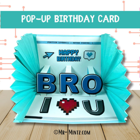 IT programmer pop‑up card craft printable with pixel art ‘I ❤️ U’ message, accordion sides, ideal tech gift for coder dad, uncle or teacher on Father’s Day or birthday.