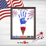 Cool Off & Celebrate Labor Day handprint craft featuring an ice cream cone topped with a red, white, and blue handprint and festive fireworks. Perfect for kids’ holiday art projects.