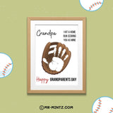Grandparents Day printable Grandpa keepsake featuring a brown baseball glove with an open area for a child’s painted handprint, the word Grandpa, the baseball saying “I Hit a Home Run Scoring You as Mine,” and Happy Grandparents Day text, designed for kids ages 3–7 to create a personalized sports-themed handprint gift for Grandpa.