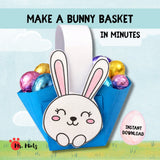 Printable Easter bunny basket craft for kids filled with chocolate eggs. Blue paper basket with cute bunny face, easy to make in minutes. Instant download template for classroom or home, ages 3 to 8. By Mr Mintz.