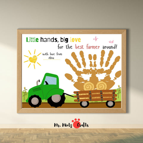 Father’s Day craft with tractor and handprints – A printable farm-themed craft for Father’s Day featuring a green tractor pulling a cart of hay made from kids’ handprints. Includes the quote “Little hands, big love for the best farmer around.” A great DIY gift idea for farmer dads and preschool Father’s Day activities.