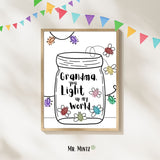 Grandparents Day printable Grandma fingerprint keepsake featuring a large outlined jar with “Grandma, You Light Up My World” lettering, whimsical fireflies around and inside the jar, and colorful child fingerprints forming the bug bodies, designed for kids ages 3–7 to create a personalized light-themed gift and memorable keepsake for Grandma.