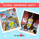 Paper Spiral Snowman Ornament Craft for kids, featuring a printable design with hat, scarf, and carrot nose for holiday decorations.