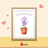 Grandparents Day printable Grandma handprint keepsake featuring an orange watercolor-style flowerpot with Happy Grandparents Day lettering, a green stem and leaves, a large purple child handprint forming the flower, and “Here’s a Flower for You, Grandma” wording, designed for kids ages 3–7 to create a personalized floral gift for Grandma.
