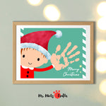 Children’s Christmas craft featuring an elf handprint design, ideal for creating personalized holiday keepsakes and festive decorations.