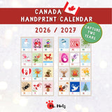 A printable 2026–2027 handprint calendar page set showing monthly layouts with a large art space where preschool and kindergarten kids press painted handprints to finish cute seasonal pictures, then families or teachers display it as a yearlong keepsake with Canadian holidays marked for easy planning. 