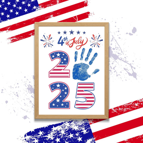 Fourth of July 2025 handprint art for children with patriotic red, white, and blue numbers, stars, and fireworks. Includes a blue handprint replacing the zero in 2025. Great printable keepsake for Independence Day classroom crafts or family activities. A fun art project for toddlers and preschoolers to celebrate freedom with paint and creativity. Simple, memorable, and printable summer decoration.