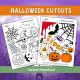 Halloween cutout printable preview showing black-and-white outlines and colorful pumpkins, ghosts, bats, spiders, skulls and spiderwebs, with an example of assembled Halloween cutout decorations.