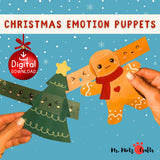 Interactive Christmas craft for kids featuring gingerbread and tree puppets with emotion strips for playful learning.