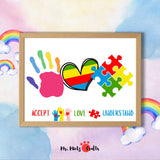 Printable autism awareness handprint craft for kids featuring a rainbow heart, colorful puzzle pieces, and handprint space. Designed for preschool, kindergarten, and special education classrooms. Encourages acceptance, love, and understanding during Autism Awareness Month. Perfect for sensory and inclusive classroom crafts and emotional learning.