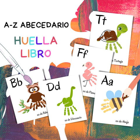 Printable Mi Primer Abecedario Spanish alphabet handprint craft for kids, featuring creative handprint animals and objects for each letter.