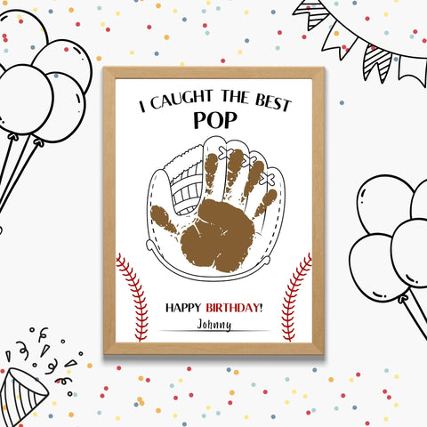 Baseball-themed printable birthday card for dad or grandpa featuring a brown handprint stamped inside a baseball glove and the text “I Caught the Best Pop.” Perfect handmade gift from kids.