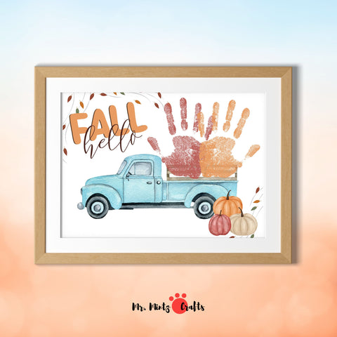 Children’s Fall Handprint Truck Craft with ‘Fall Hello’ phrase and colorful handprint leaves.