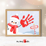 Christmas Snowman Handprint Craft for kids featuring a cute snowman with a red handprint, ideal for holiday keepsakes and festive family activities.