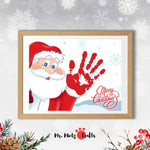 Christmas Santa handprint craft for kids with a red handprint, Santa Claus illustration, and ‘Merry Christmas’ message, ideal for a holiday keepsake or family Christmas activity.