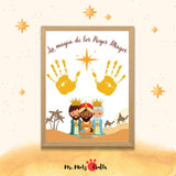 Manualidad infantil de los Reyes Magos con huellas de manos, perfecta para Navidad y actividades culturales.