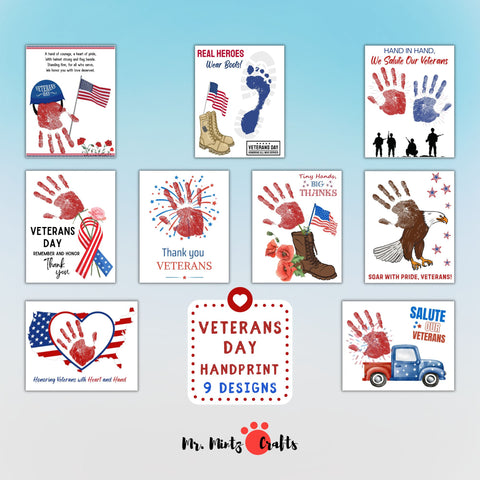 Veterans Day Handprint Craft Bundle with 9 patriotic designs for kids to honor veterans with personalized handprints.